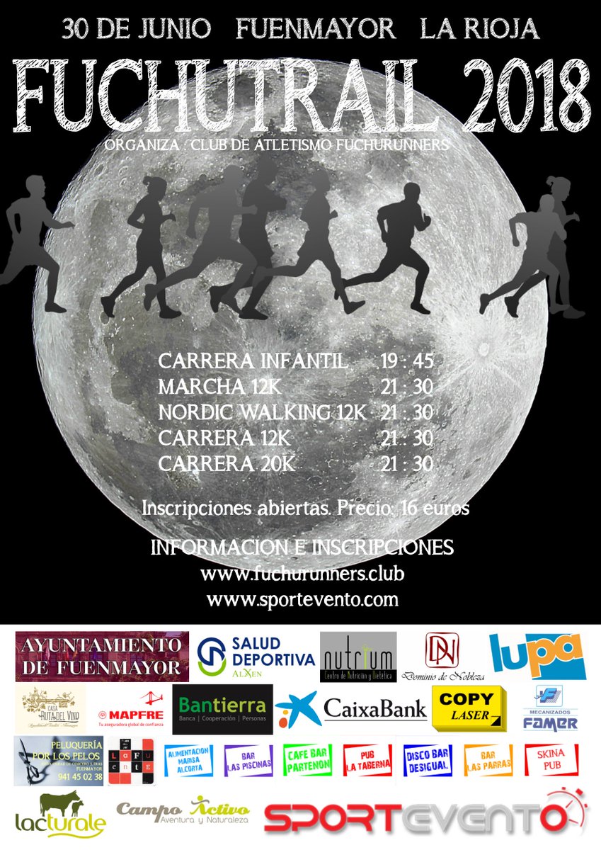 Catorce días quedan. Luego no digas que no te avisaron. #FuchuTrail 2018 <a href="/FuchuRunners/">FuchuRunners</a> <a href="/AytoFuenmayor/">Ayto de Fuenmayor</a> <a href="/DominioNobleza/">Dominio de Nobleza</a> <a href="/NutriumPFG/">Nutrium, Dietistas - Nutricionistas</a> <a href="/sportevento/">SPORTEVENTO.com</a> <a href="/ALXEN_DEPORTE/">ALXEN SALUD DEPORTE</a> Marcha 12K, Nordic Walking 12K, Carrera 12K, Carrera 20K. Os esperamos!!