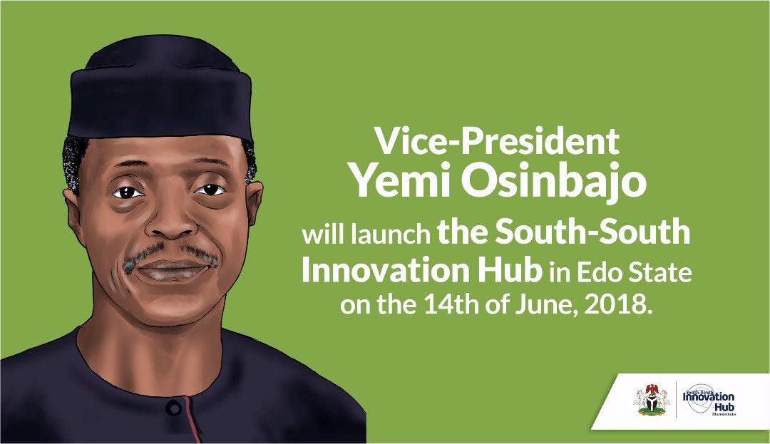NSIPHubs's tweet photo. RT.
Vice-President Yemi Osinbajo will today launch the South-South Innovation Hub in Edo State.

The South-South Innovation Hub is #InPursuitOfSolutions to priority challenges in South-South Nigeria.

#SSInnovationHub https://t.co/MMcVntWI62