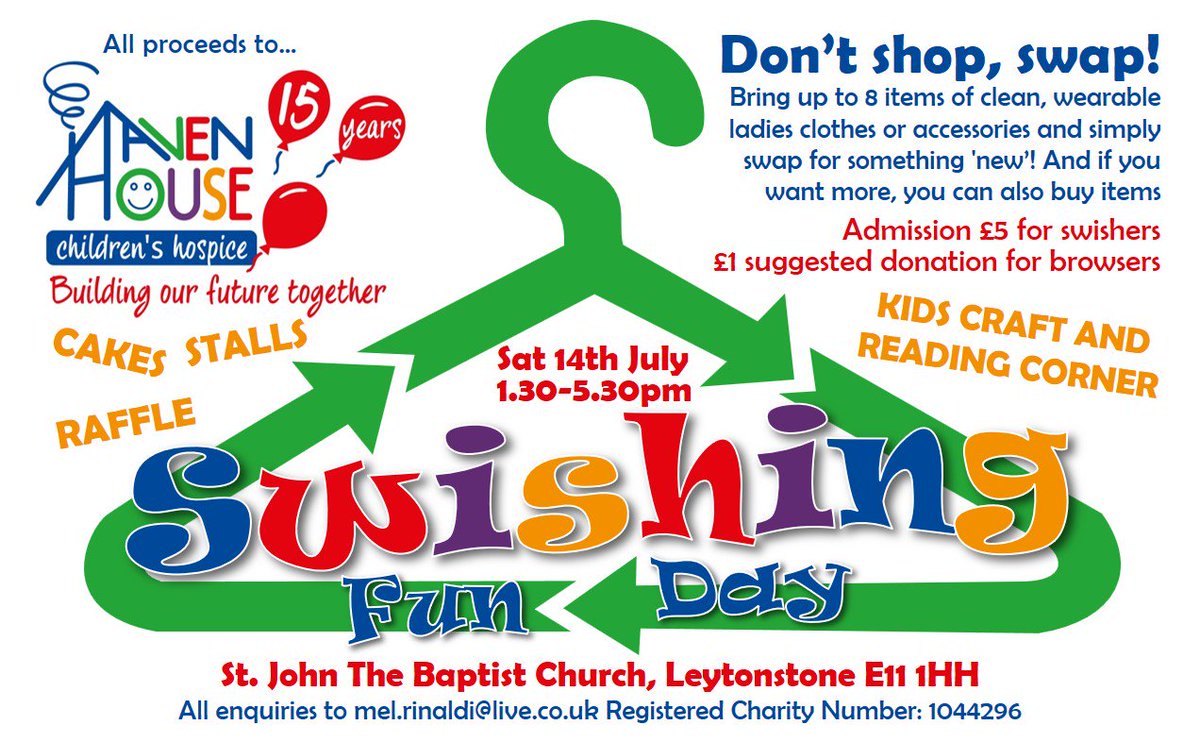 RinaldiMel's tweet photo. Save the Date! I'm raising money for @HavenHouseCH to say thank you for all the support they offer families like mine. Please come along and support me if you can. #swapdontshop #leytonstone #fabclothes #recycle #cakes #stalls #kidscorner #raffle #funday #charity #EastLondon https://t.co/sDwFaThnYF