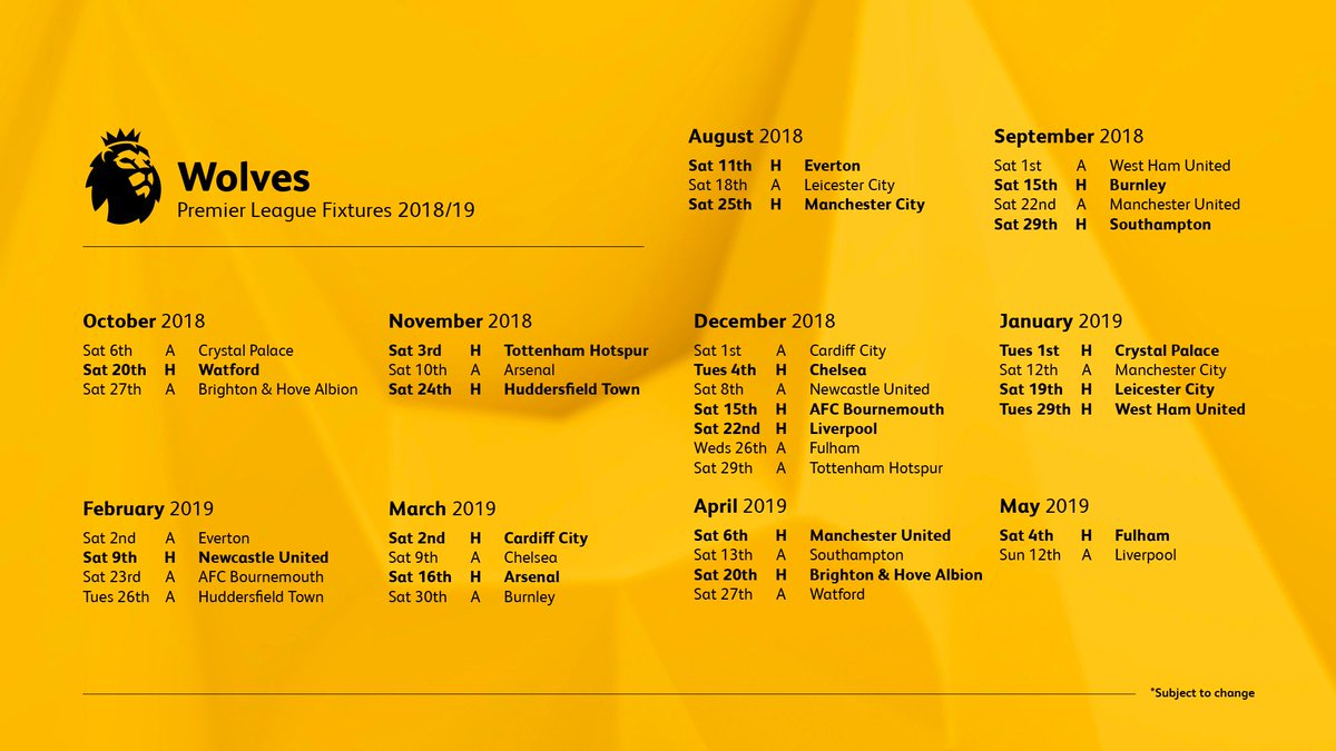 Wolves's tweet image. Here they are. Wolves&apos; fixtures for the 2018/19 @premierleague season. #WWFC

🗓⚽️