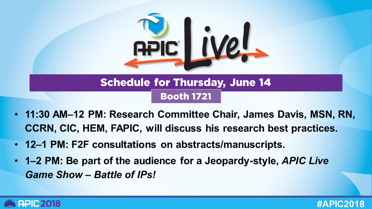 Stop by APIC Live in 15 to network #infectionprevention colleagues. #APIC2018
