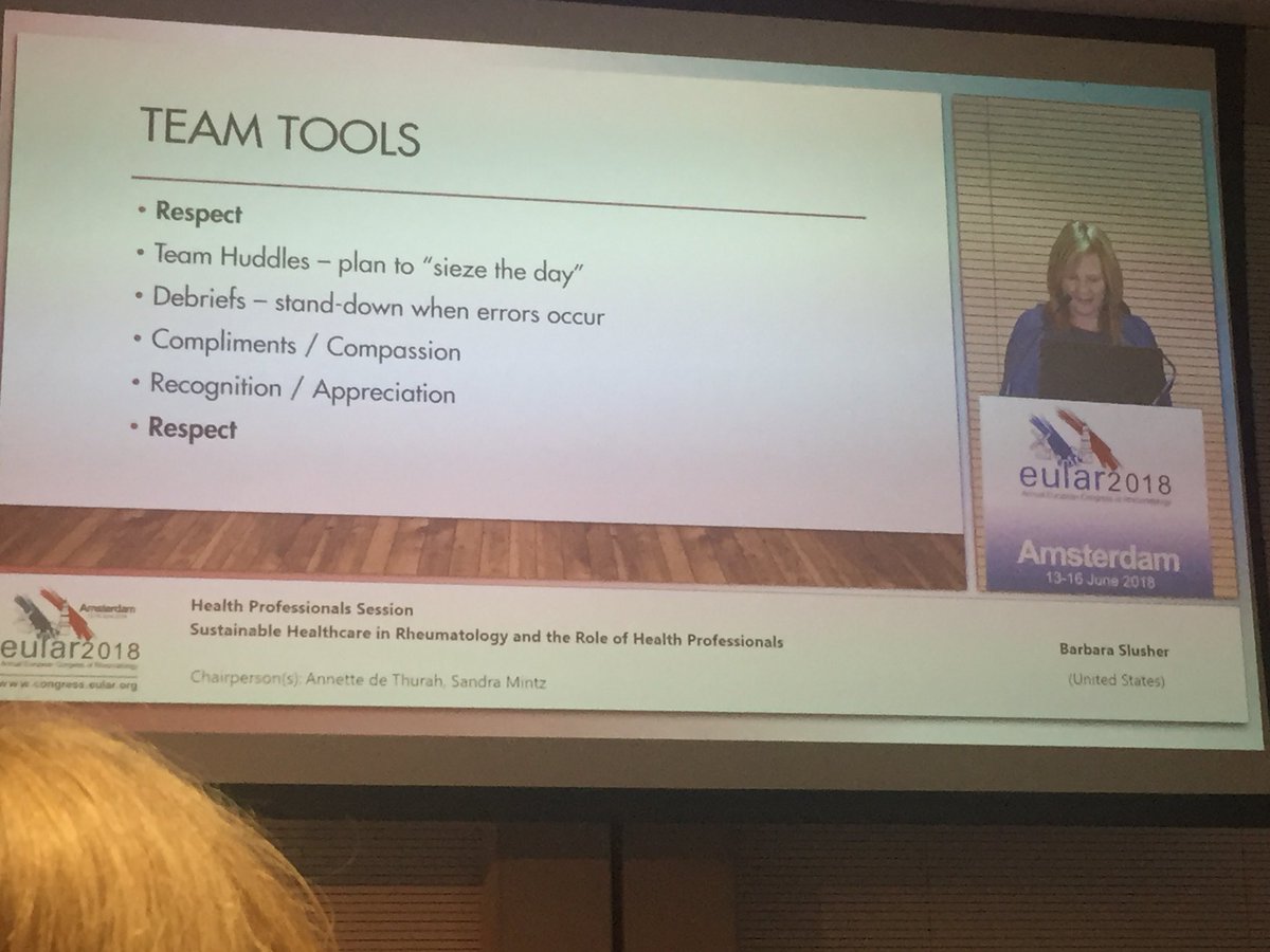 Thought provoking talk by Barbara Slusher on team based care, including improving productivity by working at the top of competences, reducing the burden of documentation by using scribes and tools for teams #EULAR2018 #teambasedcare #quadrupleaim