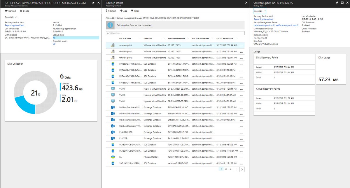 AzureBackup's tweet photo. Now you can see @SCDPM items getting protected to #cloud, their disk utilization and information on cloud recovery points in Recovery Services vault in @AzurePortal. https://t.co/lDlFPiIzXe