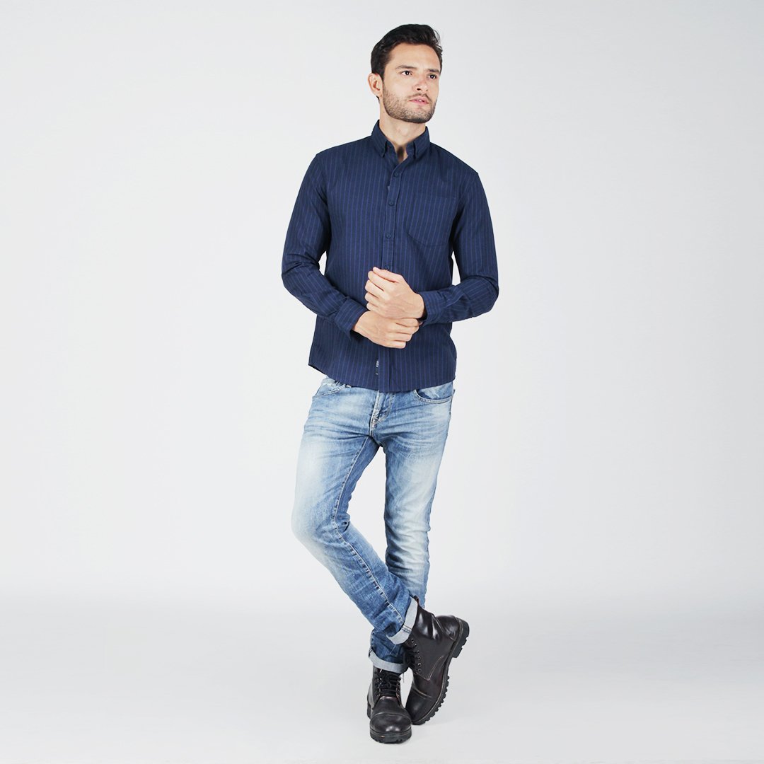 navy shirt with blue jeans