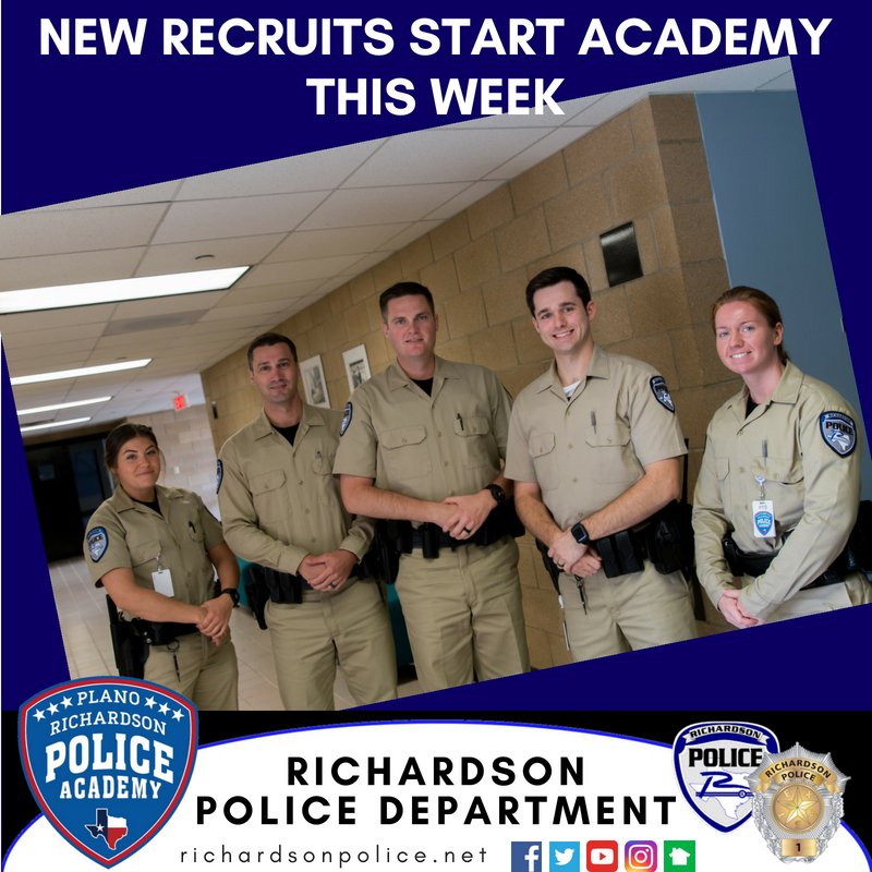 RichardsonTX_PD's tweet image. We wish our five new recruits good luck as they begin the Plano-Richardson Police Academy BPOC #3 (Basic Peace Officer Course) this week. (pictured L to R - APO Belous, APO LaCaze, APO Wihelms, APO Hunter, APO Hawkins).

We are hiring right now - visit: richardsonpolice.net/about/employme…