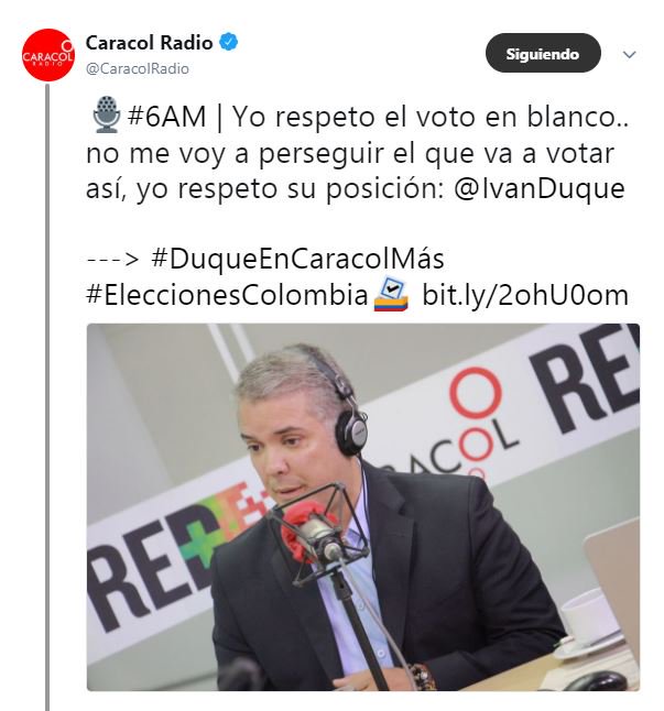 diotimantinea's tweet photo. TRADUCCIÓN: a nosotros nos sirve que voten en blanco. Amigos sensatos ¿vamos a dejar en blanco la Paz? ¿vamos a permitir que @AlvaroUribeVel sacíe su sed de sangre? #DuqueEnCaracolMas https://t.co/jIbVnw973I