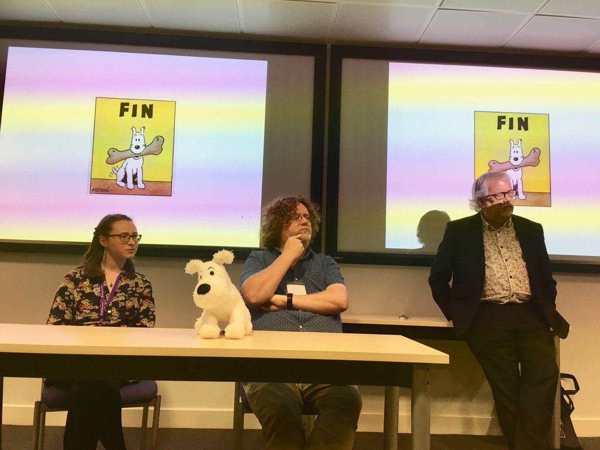 tylershores's tweet photo. A lovely end to an excellent Tintin conference: Rosemary Alexander-Jones, Snowy, @DrStevenGerrard, and @rshail1 Q&amp;A #TintinLBU @NFSFilmTV @LeedsArtsRC @leedsbeckett #Tintin #Snowy #Milou #Hergé #TintinLBU  #bandedessinée #comics #LBU https://t.co/M9VgpmUoQD