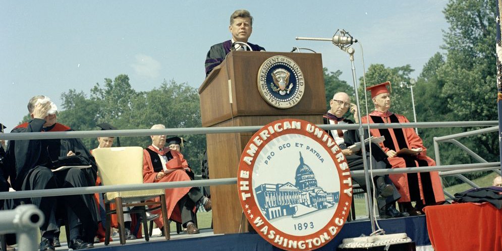 American University on Twitter: "Fifty-five years ago this week, President John  F. Kennedy delivered the commencement address at AU in 1963, where he spoke  of creating "peace for all men and women--not