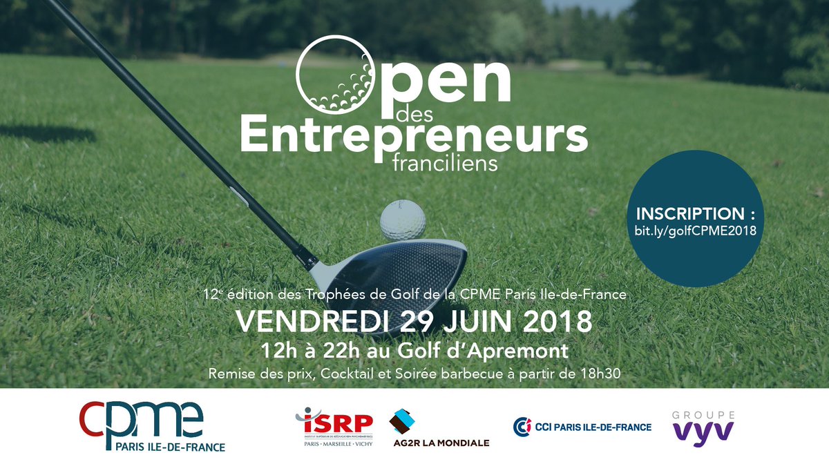 CPMEParis's tweet image. [Golf] - Le 29 juin, que vous soyez débutant ou confirmé, venez participer à la 12e édition du Trophée de golf de la CPME Paris Ile-de-France. Inscription : bit.ly/golfCPME2018 #golf #entrepreneurs