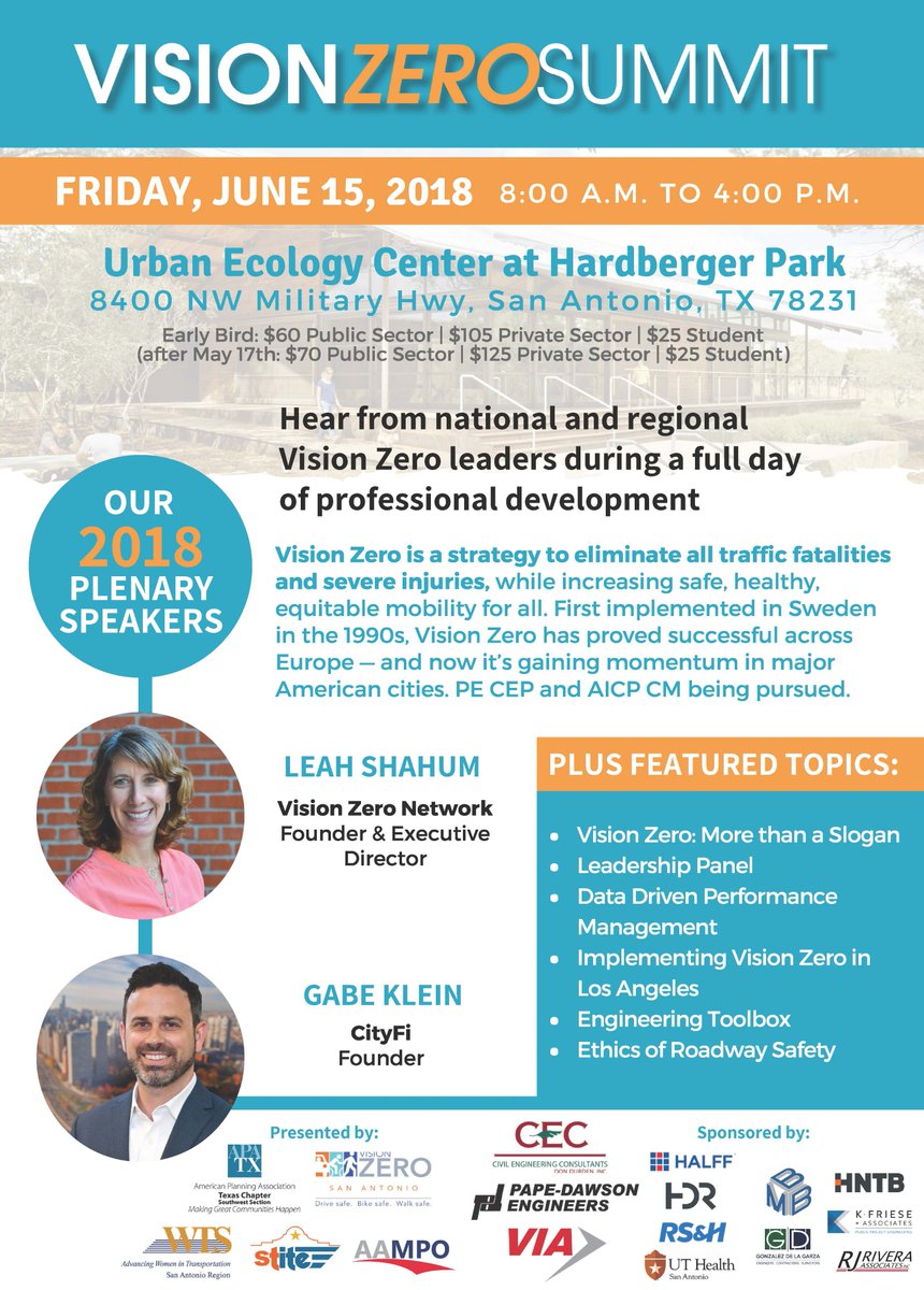 SaludAmerica's tweet photo. Super excited Leah Shahum of @Visionzeronet and @gabe_klein with @teamcityfi are the plenary speakers at tomorrow's Vision Zero Summit in #SATX!! #DesignSafe #Plan4Health #MoveEquity https://t.co/uM6rjSbja9
