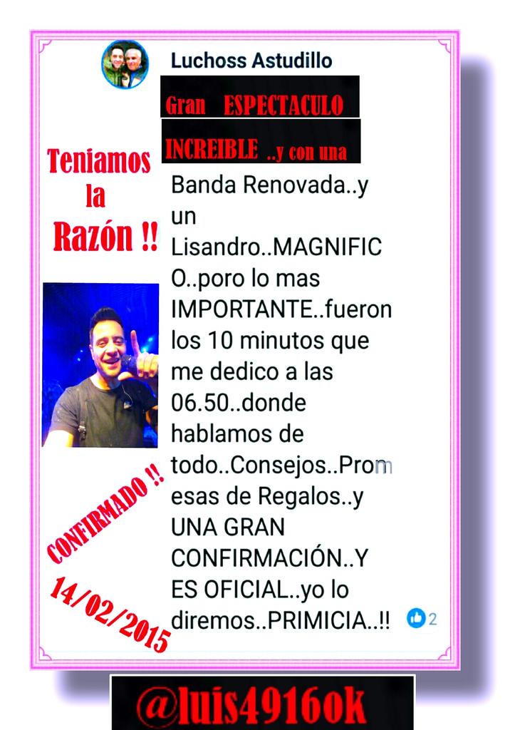 luis4916ok's tweet photo. ES OFICIAL.DEBUT COMO SOLISTA.14 DE FEBRERO 2015 EN VILLA MERCEDElic. LUIS.@rioquez.@LMrioquez.@romy022.@VeroRuarte1.@aleamante18.@laurafarioli1.@lilidelvalleu.@Loly_salinas.@2628Andre.@DalmaaRodriguez.@ceciliasoler25.@10c23fa410814c0.@FlorLerda.FELIZ CUMPLEMES N°40.gracias lichy https://t.co/a4Wlg2zunv