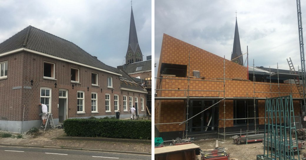 MullerBouwOss's tweet photo. Het aparte metselwerk van de MFA in Lith begint langzaamaan mooi zichtbaar te worden. Daarnaast zijn we druk bezig geweest met de gevels van de bestaande boerderij, deze zijn geheel opnieuw gevoegd. #mullerbouw #mfalith https://t.co/dSO1LmNmXC