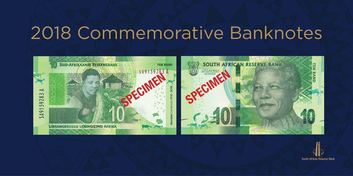SAReserveBank's tweet photo. The SARB is next month launching its first commemorative banknote series, in celebration of Nelson Mandela’s 100th birthday. The notes will cover the R10, R20, R50, R100 and R200. https://t.co/Fz5HTokpPi