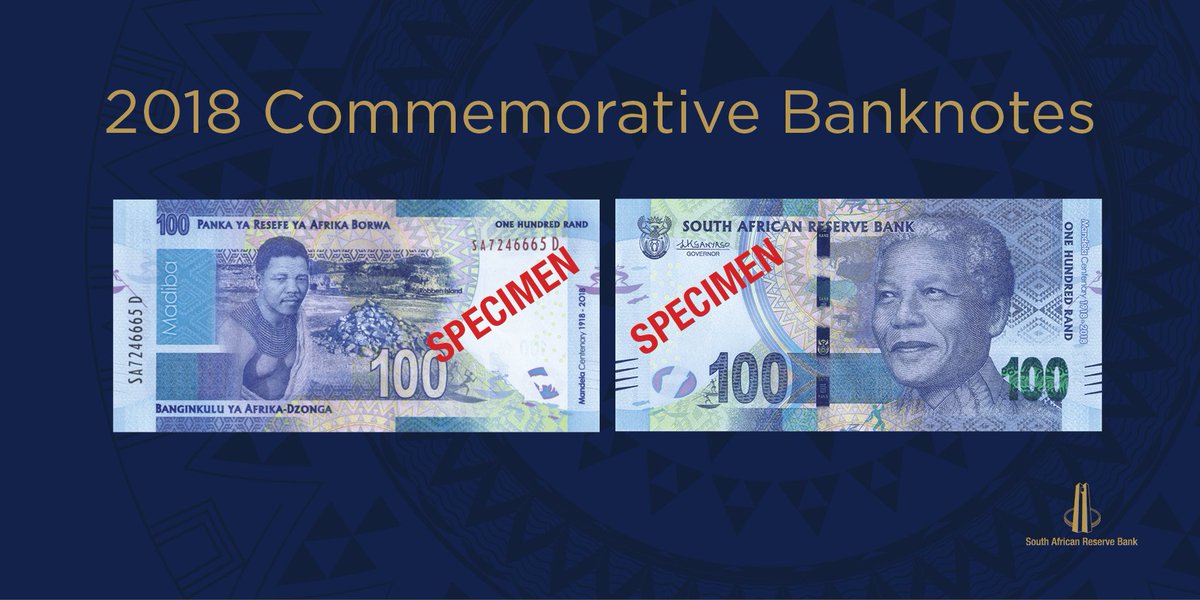 SAReserveBank's tweet photo. The SARB is next month launching its first commemorative banknote series, in celebration of Nelson Mandela’s 100th birthday. The notes will cover the R10, R20, R50, R100 and R200. https://t.co/Fz5HTokpPi