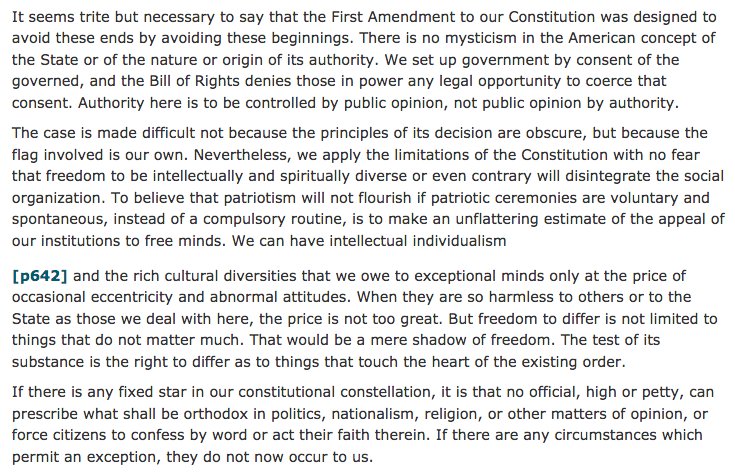 It was 75 years ago today, on #FlagDay, June 14, 1943, that the US Supreme Court held that no government official — from the president of the United States to a lowly school teacher — could force anyone to stand up for the flag or pledge allegiance to it. law.cornell.edu/supremecourt/t…