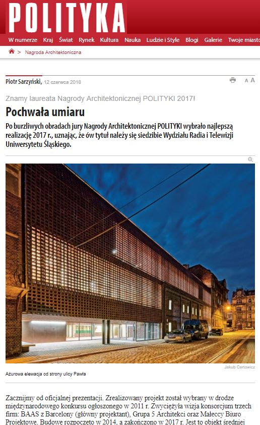 BAASarch's tweet photo. Un altre! GRAND PRIX de la revista POLITYKA de Polònia per al projecte de la Facultat de Radio i Televisió a Katowice! Molt contents! #maleccy @Grupa5Arch #grandprix #katowice #baasarquitectura @Polityka_pl https://t.co/6hsLocPAaQ