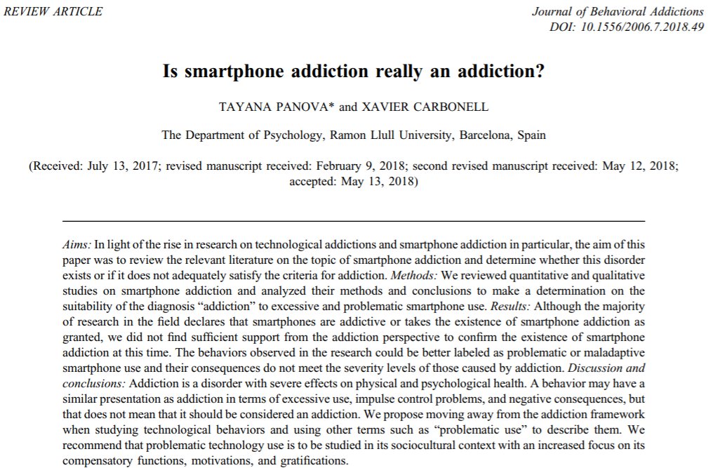 JoelBillieux's tweet photo. A critical paper published in the JBA on the construct of "smartphone addiction" by Panova and Carbonell. A claim to use label such as "problematic mobile phone instead". I agree.

https://t.co/xDKEpATMvi https://t.co/j3x0X1fMV9