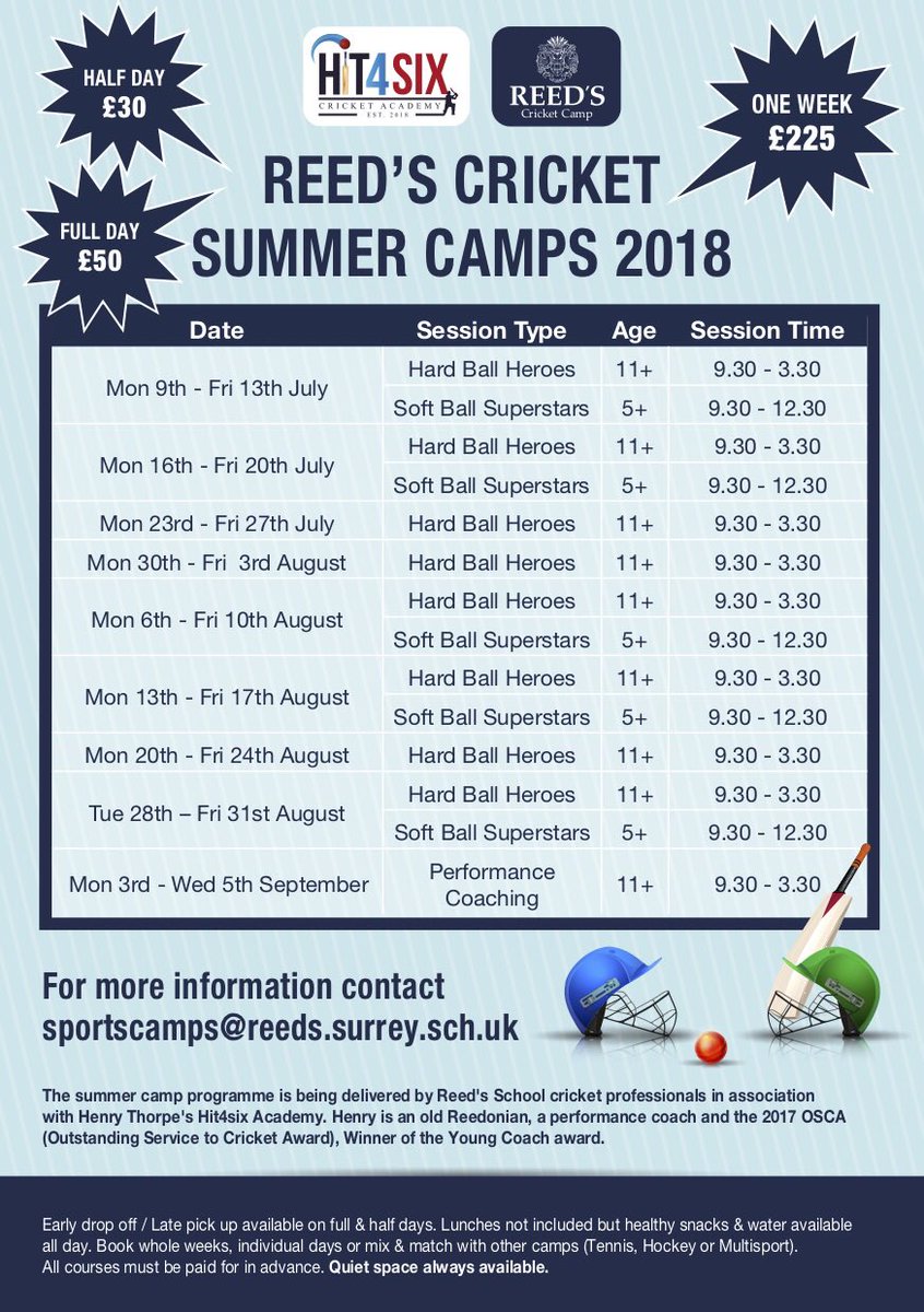 ReedsSport's tweet photo. Fancy developing your cricket further through the summer then have a look at the fantastic courses on offer @ReedsCricketC. Looking forward to working with @HIT4SIX1 @ReedsCricket @ReedsSchool #CricketNation #teamreeds #futurestars https://t.co/75aWj3Bb9V