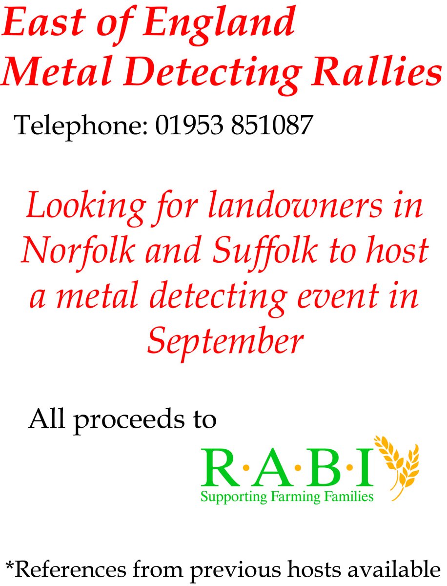 RABIcharity's tweet photo. The East of England Metal Detecting Rallies are looking for somewhere to host an event in Sept. They've raised hundreds for us in the past and wish to donate all proceeds from their events to us. Please get in touch if you would be happy to invite them onto your land https://t.co/LwV0wh800f