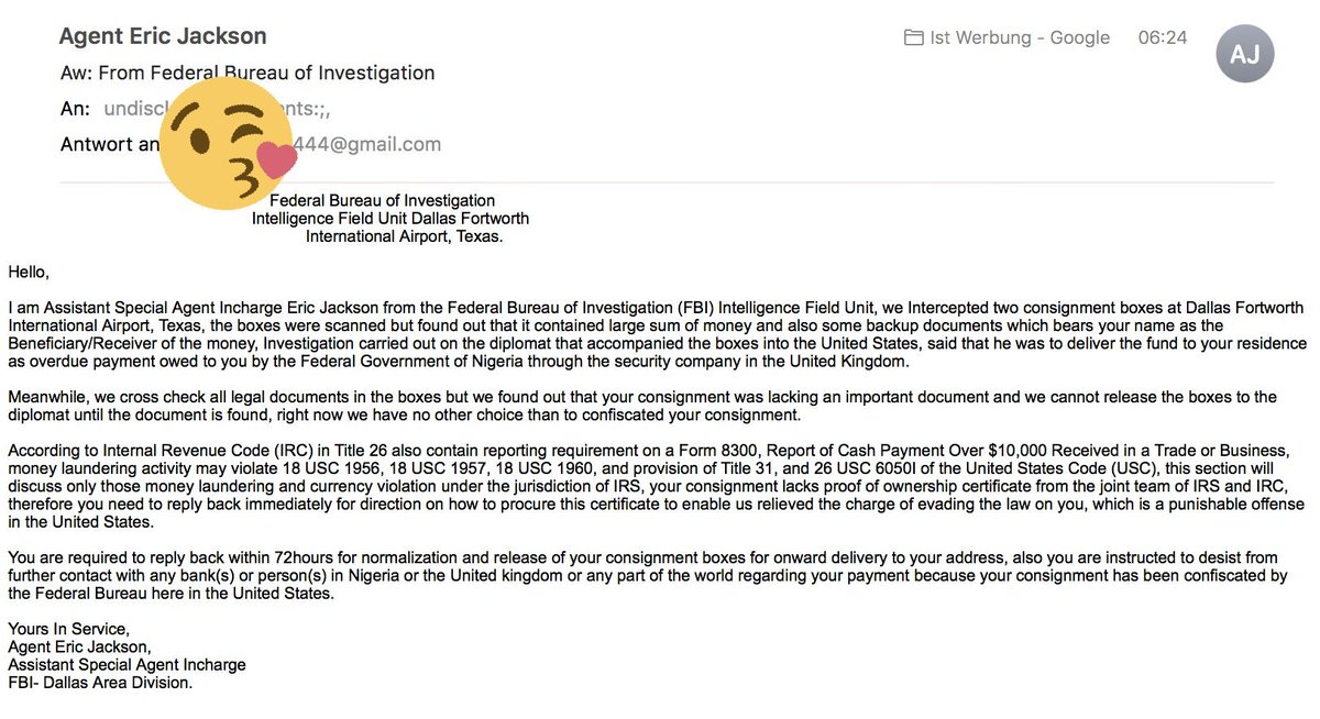 CraftCodeCrew's tweet photo. @dannynateme from #billigeplaetze just received this mail. Personally, I would say "seems legit"
#FBI #Spam #okcool https://t.co/X3fmVBTW4D
