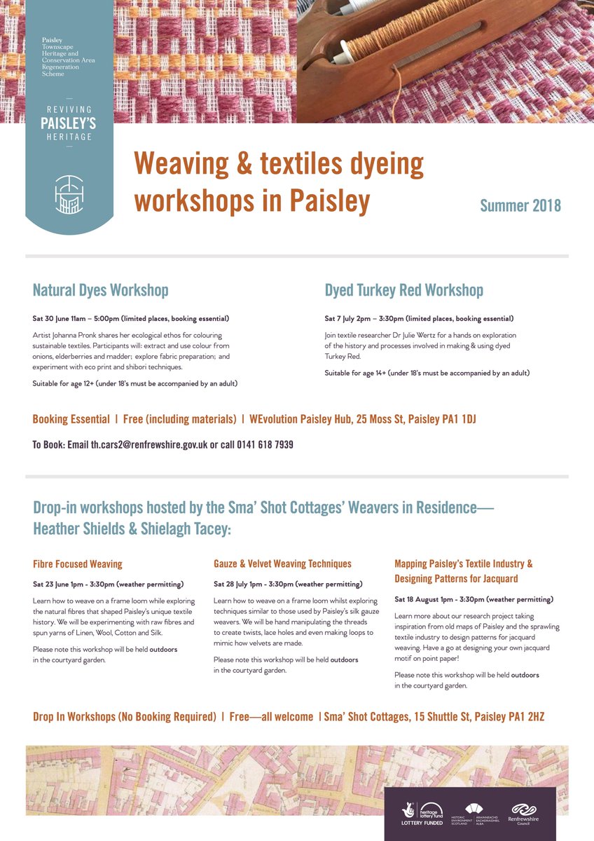 Weaving and Textile Dying Workshops in Paisley this Summer. Sign up info on the flyer :D <a href="/paisleyis/">Paisley is</a> @Paisley2021 <a href="/createpaisley/">CREATE Paisley</a> <a href="/Threadlines_/">Threadlines_</a> @colbegg