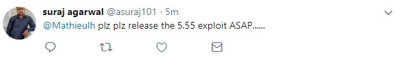 Mathieulh's tweet image. I am tired of people asking me for a 5.55 kernel exploit every 5 minutes.
#blocked