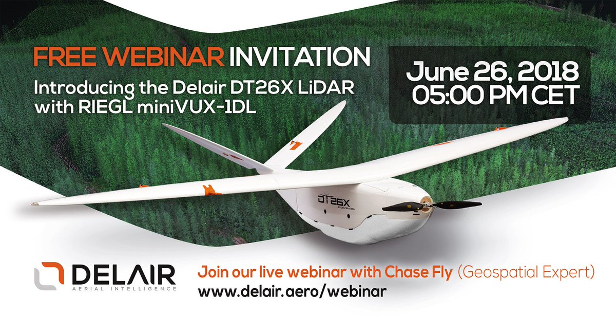 DelairTech's tweet photo. Join us for our free #Webinar: Introducing the Delair DT26X #LiDAR with RIEGL miniVUX-1DL, the most productive #mapping #drone - June 26th 2018  #UAS #geospatial #UAV https://t.co/2QOGFWortD https://t.co/mPkGUk3zVO