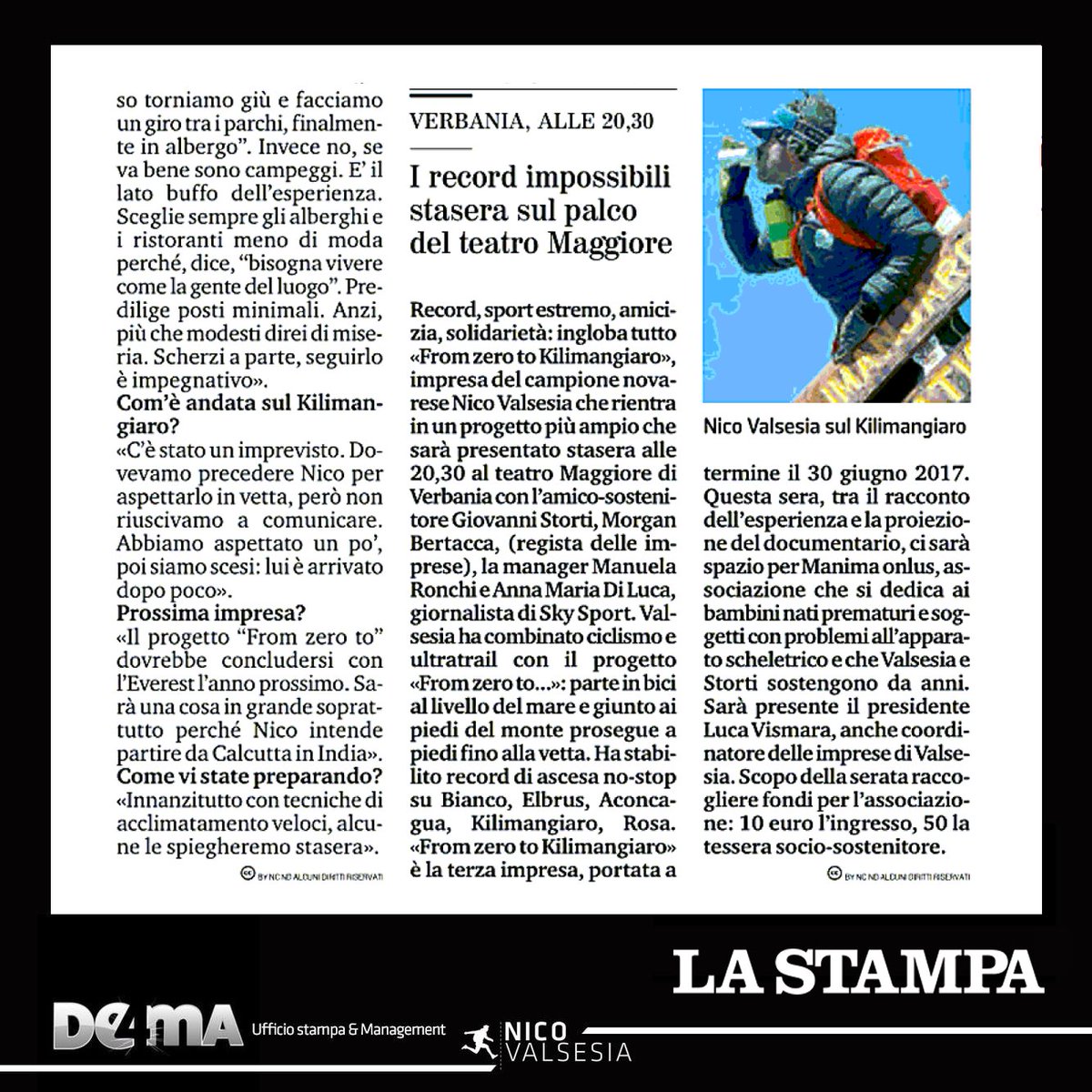 TheNicoValsesia's tweet photo. Ci vediamo stasera al #TeatroMaggiore di @CittadiVerbania per la presentazione di #FromZeroTo #Kilimangiaro 📽️🗻 Ne parla anche Giovanni (@AldoGiovaGiaco) su @StampaNovara di oggi. Con me e lui, stasera ci saranno tanti altri amici per sostenere #MANImaOnlus 🙏 https://t.co/2NUyoNPgYM