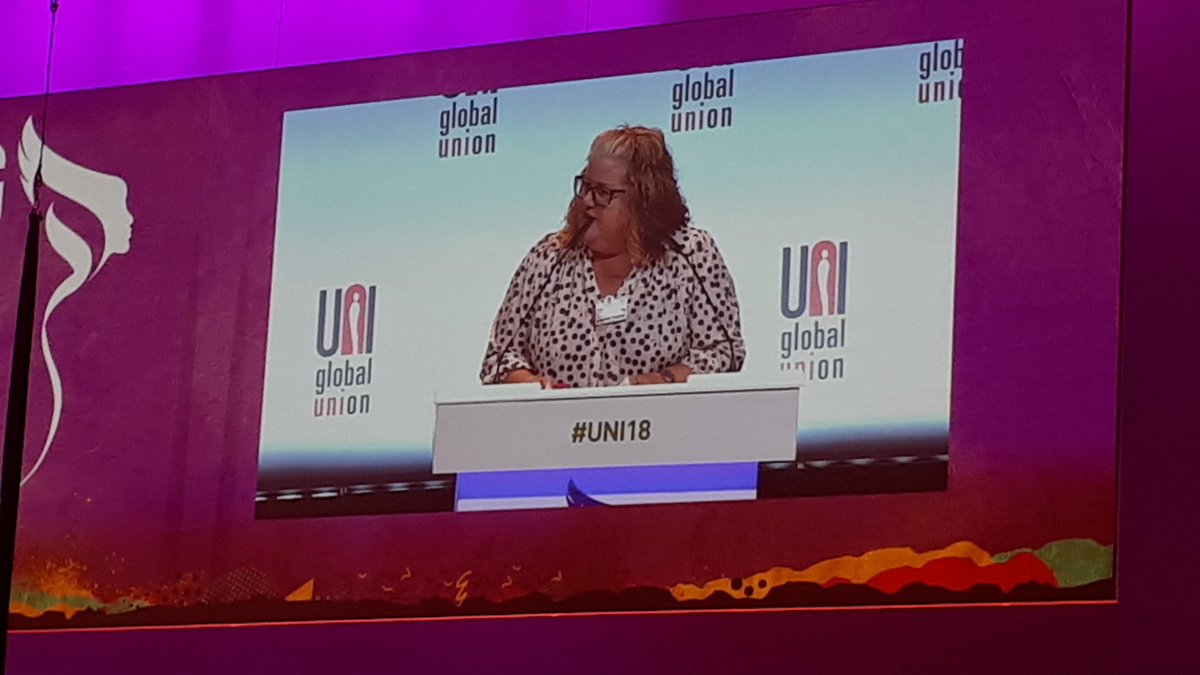 nadine_jump's tweet photo. Brilliant opening speech by CWU's Jane Loftus. Solidarity Sister! 🤝 @uniglobalunion #MakingItHappen #UNI18 https://t.co/tBz8MBII2C