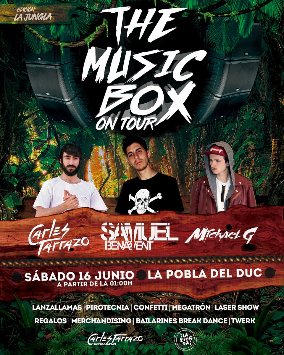 Sábado 16 de Junio el equipo TheMusicBox OnTour llega a La Pobla del Duc. 
No te lo pierdas !!
#themusicboxontour #macrodiscomovil #lajungla #confetti #co2 #lanzallamas #pirotecnia #merchandising #regalos #twerk #breakdance