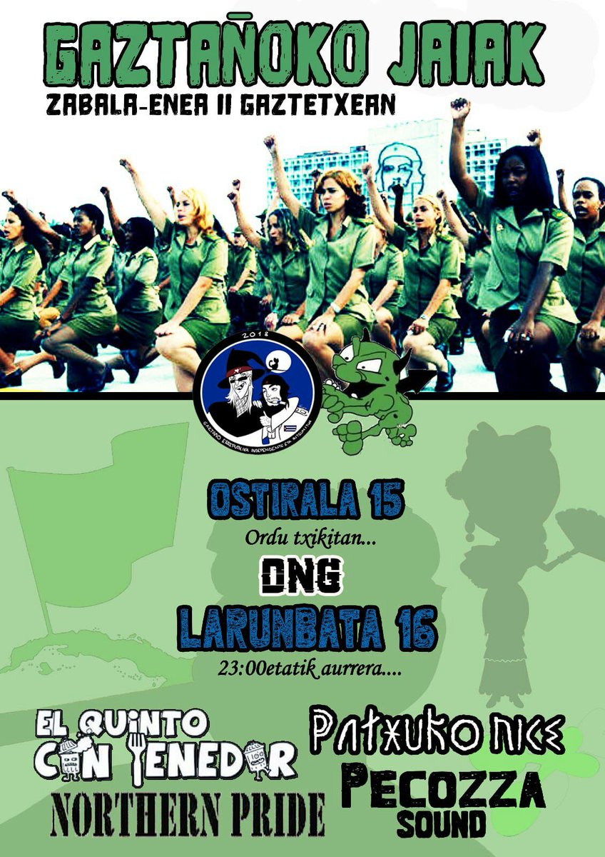 PecozzaUnited's tweet photo. BUIAKA! BUIAKA! PECOZZA SOUND KALEAN EZIN DA GELDITU!

Larunbatean Gaztañoko jaietan joko dugu! 23:00tan gaztetxean, Patxuko Nice, Northern Pride ta El Quinto Con Tenedor-ekin.
Irundik doazenei: topoa hortxe bertan geratzen da, beraz Mugi txartela hartu ta animatu hiriko taldeak! https://t.co/zyWusTqjVa