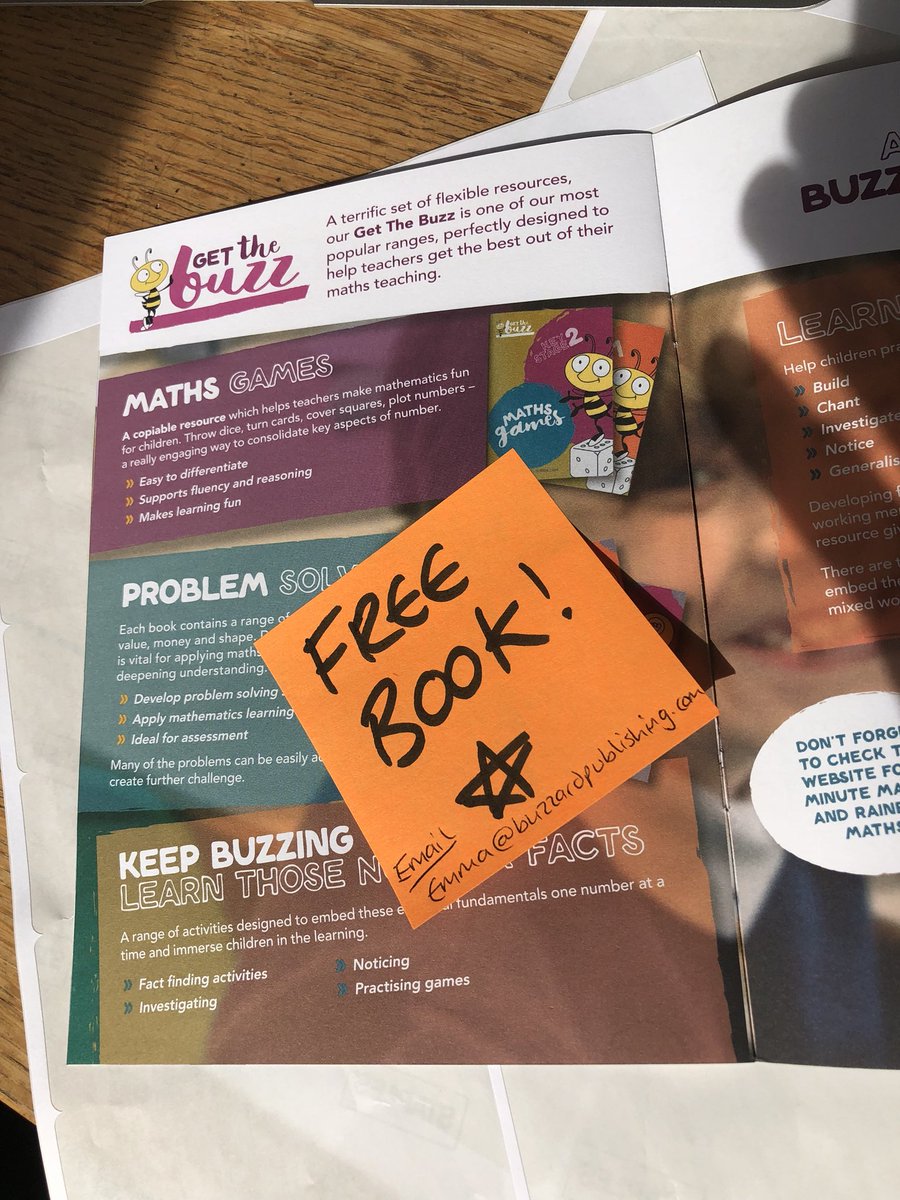 BuzzardPublish's tweet photo. If you’re going to Maths Matters 2018 @PrimaryMathsUoG tomorrow... look out for our rogue post-it, one of them crept into the stack of brochures... sneaky! Have a great time! #MathsMatters18 https://t.co/7GkJkhKxby