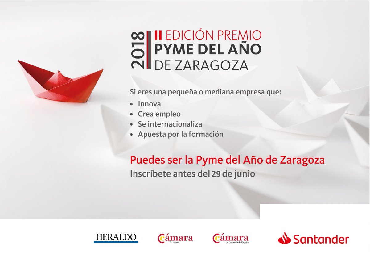 camarazaragoza's tweet photo. A partir del 1 de julio, el jurado del #PremioPyme2018 valorará las diferentes candidaturas presentadas y seleccionará al ganador y los tres accésit. Si aún no te has inscrito, hazlo antes del 29 de junio @camarascomercio @bancosantander https://t.co/HTtcxUbKS4 https://t.co/Ph2qsEWdJk