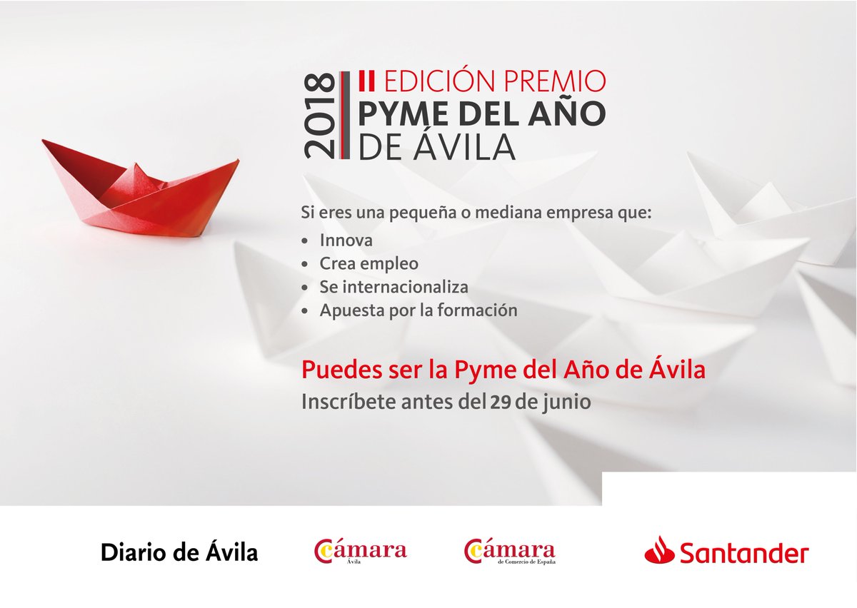 CamaraAvila's tweet photo. Ampliado el plazo para inscribirse en el #PremioPyme2018 de las @camarascomercio y @bancosantander hasta el 29 de junio. Además entregaremos tres accésit: a la ‘Internacionalización’, a la ‘Digitalización y la Innovación’ y a la ‘Formación y el Empleo’ https://t.co/tKodxAQKFU