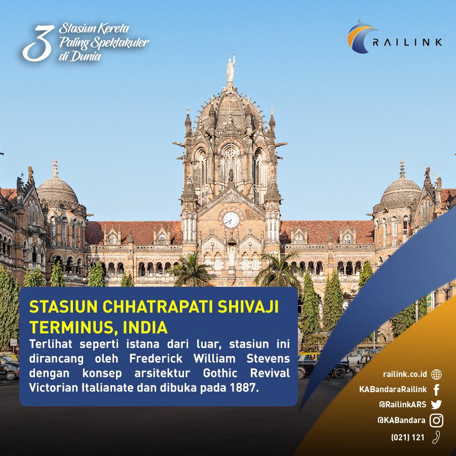 KAIBandara's tweet photo. 1/3 Tiang-tiang stasiun Chhatrapati Shivaji Terminus terbuat dari keramik Italia yang mewah, tapi tidak menghilangkan ciri khas India yang kaya akan tradisi. #RailinkFact https://t.co/4v1e1LWuZp