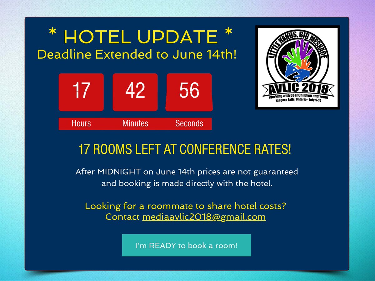 AVLIC2018's tweet photo. Time is ticking... to secure a room at the conference rates book now at https://t.co/U2b2F8hchz and contact mediaAVLIC2018@gmail.com if you are looking for a roommate. https://t.co/r7YzLdX7Fz