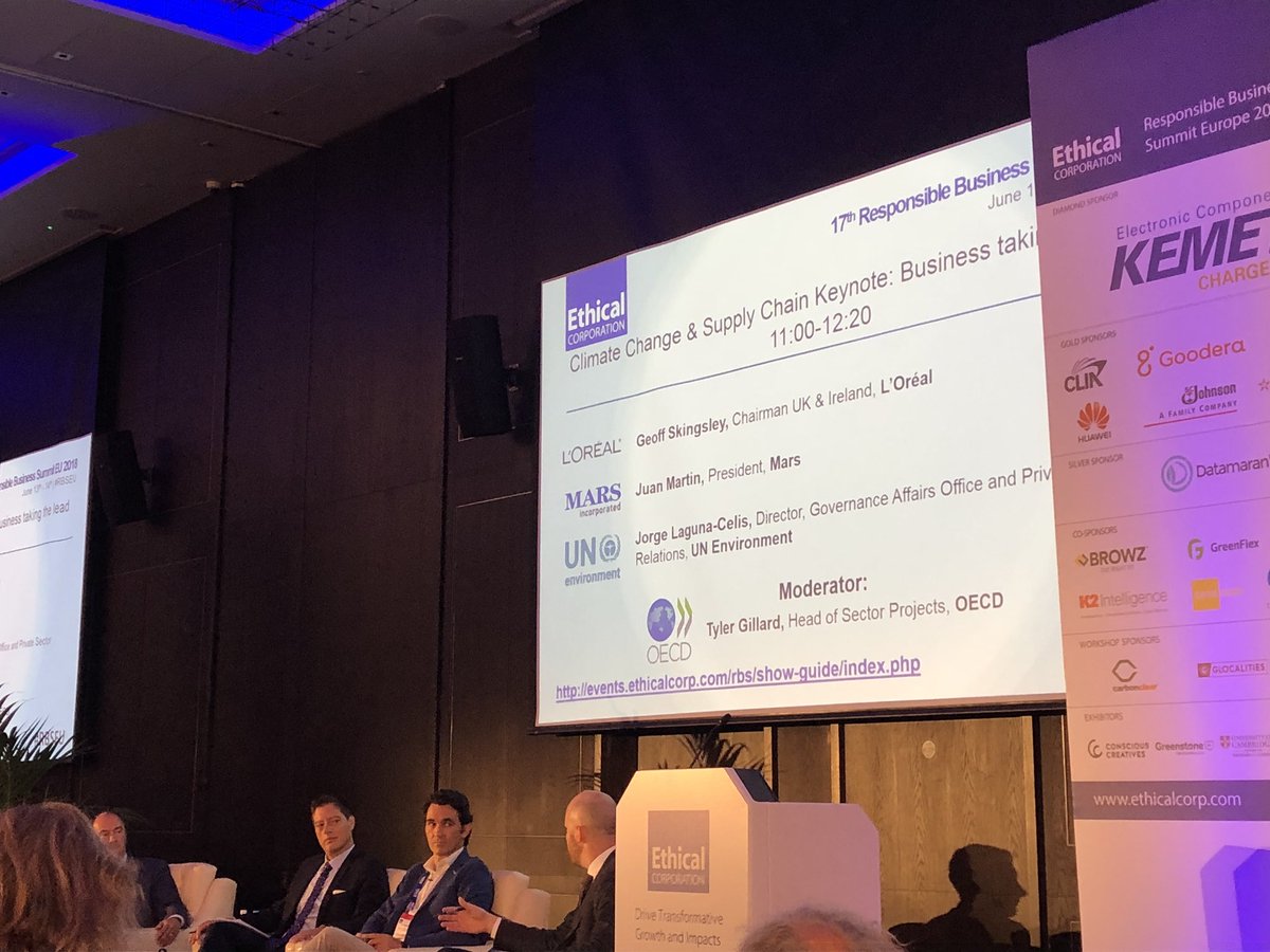 Excellent line up for the panel discussion on supply chain and businesses taking the lead: Geoff Skingsley of @Loreal Juan Martin of @MarsGlobal - @jorgelaguna of @UNEnvironment moderated by Tyler Gillard of @OECD #RBSEU #RBS2018 #sustainability #supplychainsustainability
