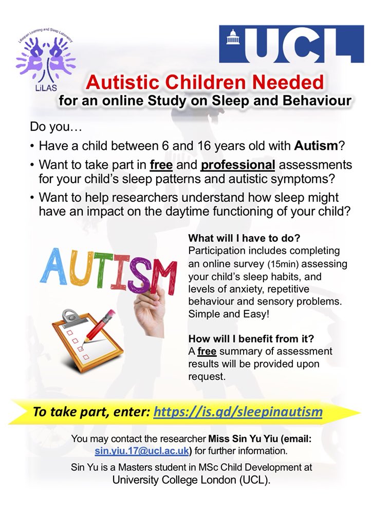 Insomnia and night wakings can be a risk factor of anxiety in children with autism. If you have a child with #autism, take part in my MSc dissertation research to know more about how sleep may impact on your child’s anxiety 😊👉🏻 is.gd/sleepinautism