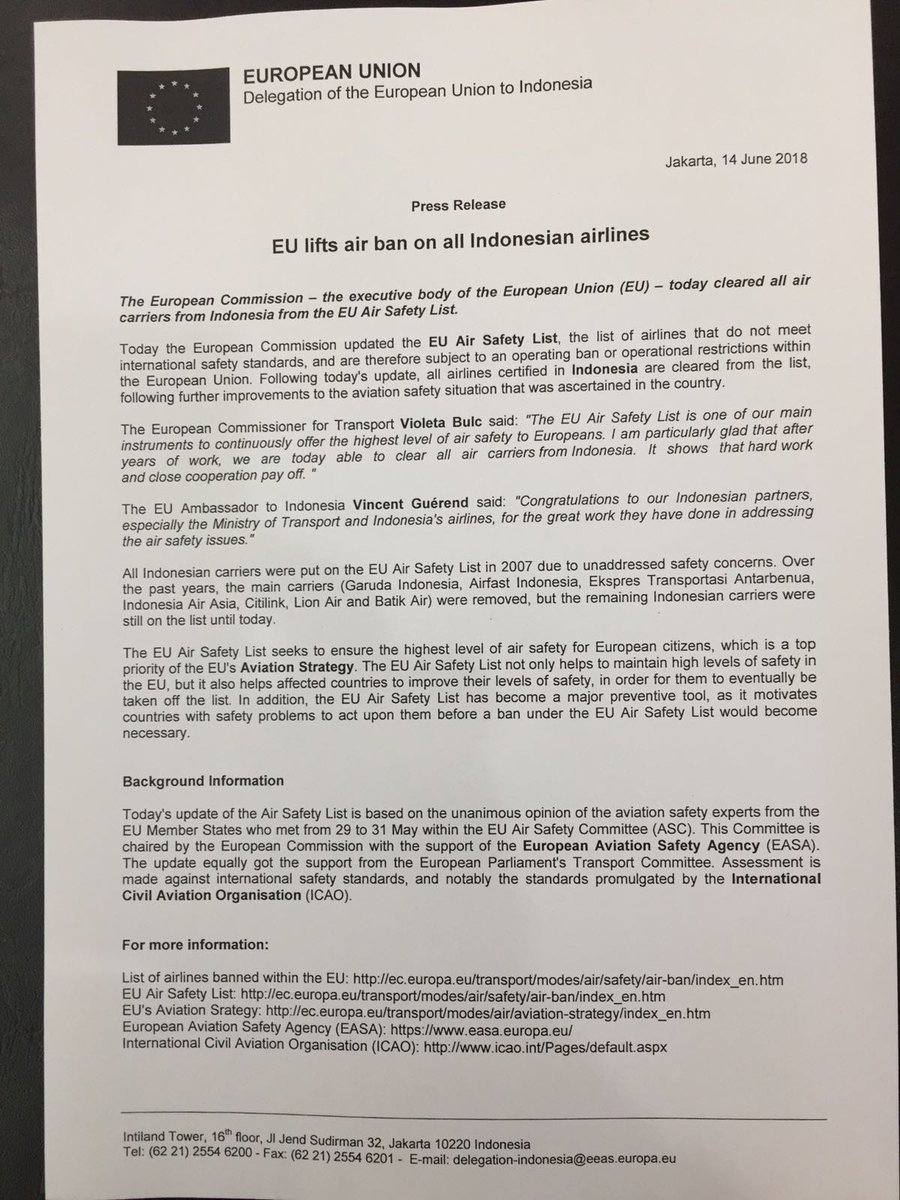 Menlu_RI's tweet photo. EU lifts air ban on all Indonesian airlines... Congratulations Indonesia! https://t.co/POf3ydbQDD