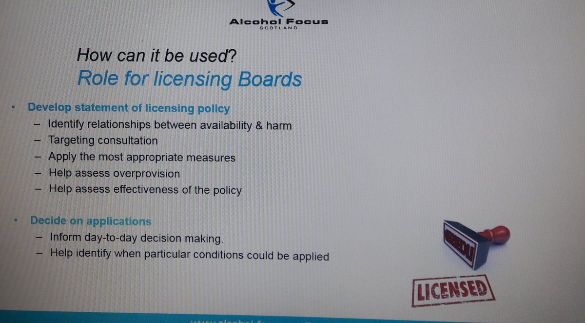 AlcoholFocus's tweet photo. Aidan Collins is now running through how the @CRESHnews data can be used by licensing boards, such as to inform their statements of licensing policy in a number of different ways, and in their day to day work #alcoholknowledge https://t.co/inHI0gkJLE