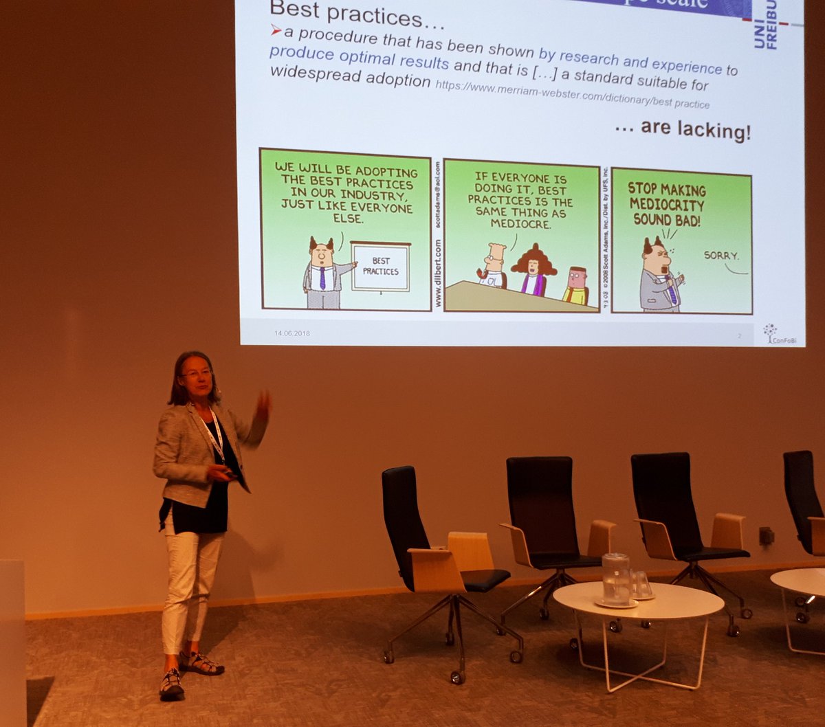EevaPrimmer's tweet photo. Ilse Storch opens the session on forest biodiversity conservation in multifunctional landscapes #ConFoBi in room Wivi at #eccb2018... More on knowledge feeding to practice in my talk on governance at 15.15. https://t.co/qZqJv6iVv4