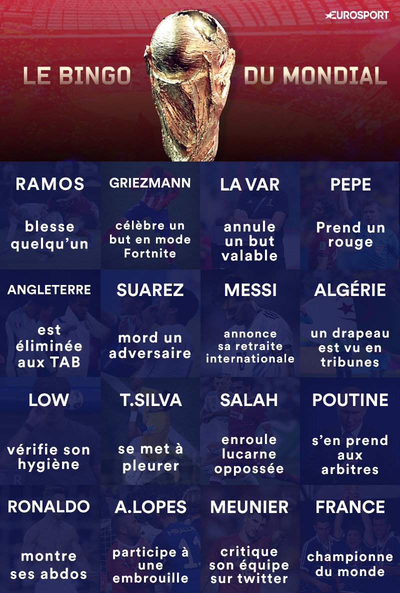 Eurosport_FR's tweet photo. On vous a préparé un petit bingo Coupe du monde. Mettez-le de côté 😉 #CM2018 https://t.co/77vI5kz3tN