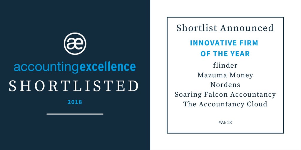 The 2018 shortlist for Innovative Firm of the Year is: @flindereffect, <a href="/MazumaGB/">Mazuma Money</a>, <a href="/NordensAccounts/">Nordens Chartered Accountants</a>, <a href="/SFAccy/">Soaring Falcon Accy</a> and @theacloud! Congratulations! #AE18
