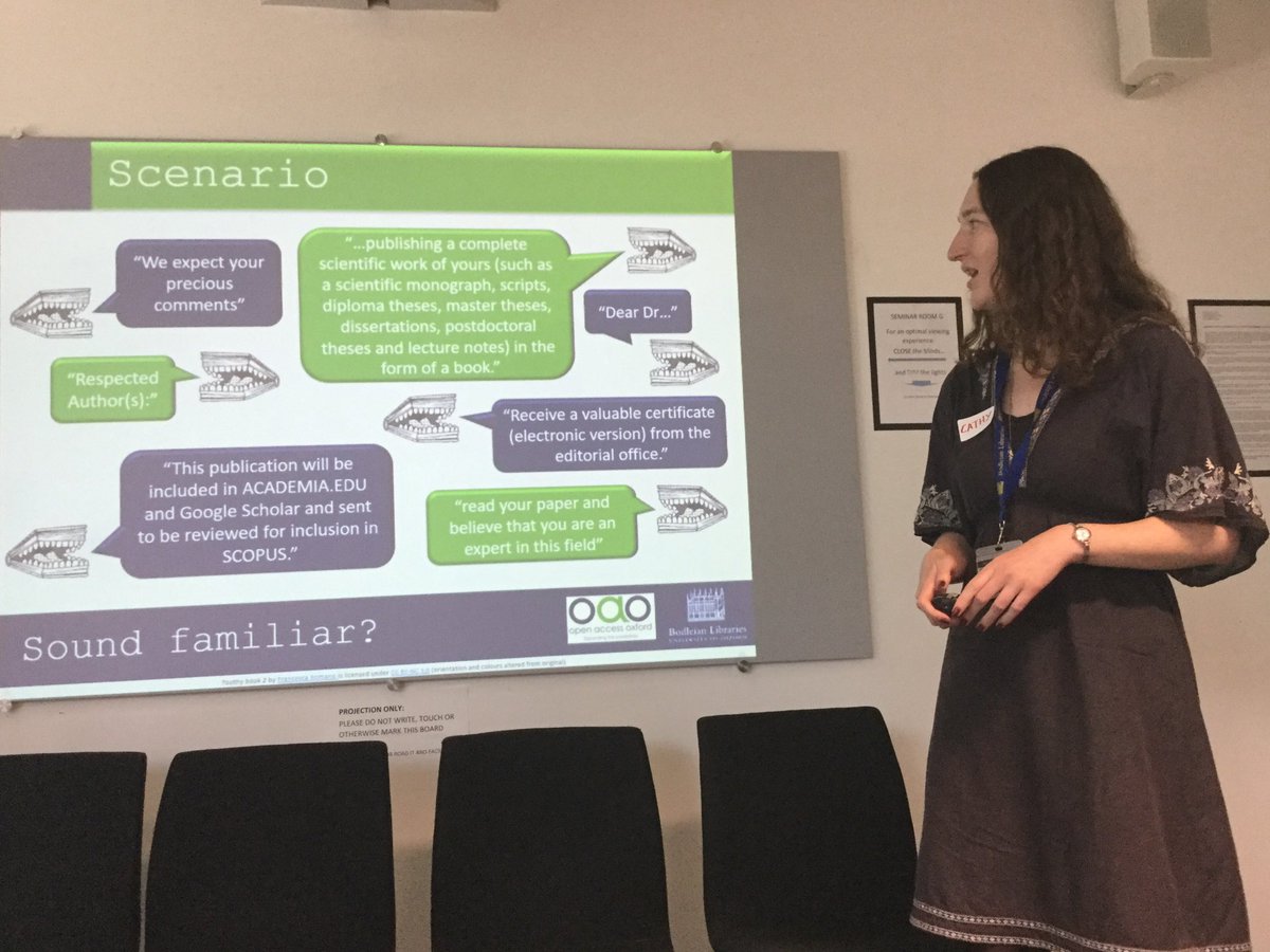ciripache's tweet photo. Now Cathy Scutt and Sarah Humphreys on  predatory journals #OAOxweek https://t.co/rm2xqufpoy