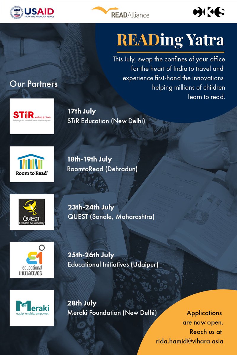 India's schoolchildren are currently part of a reading revolution. This July, step out of your offices &amp; zigzag across the heart of India to see this revolution first hand. 
Apply Now for the #READingYatra
<a href="/RoomtoRead_IN/">Room to Read India</a> <a href="/QuestorgQuest/">QUEST</a> <a href="/STIReducation/">STiR Education</a> <a href="/eiindia/">eren yaeger</a> &amp; Meraki Foundation