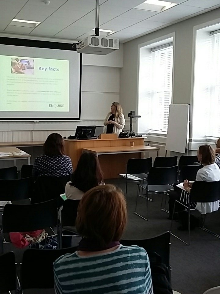 CALLScotland's tweet photo. Cat Thomson from @ASLadvice explaining the work of Enquire to support parents of pupils with additional support needs at #ASLTechnology18 https://t.co/SklPQve6lm