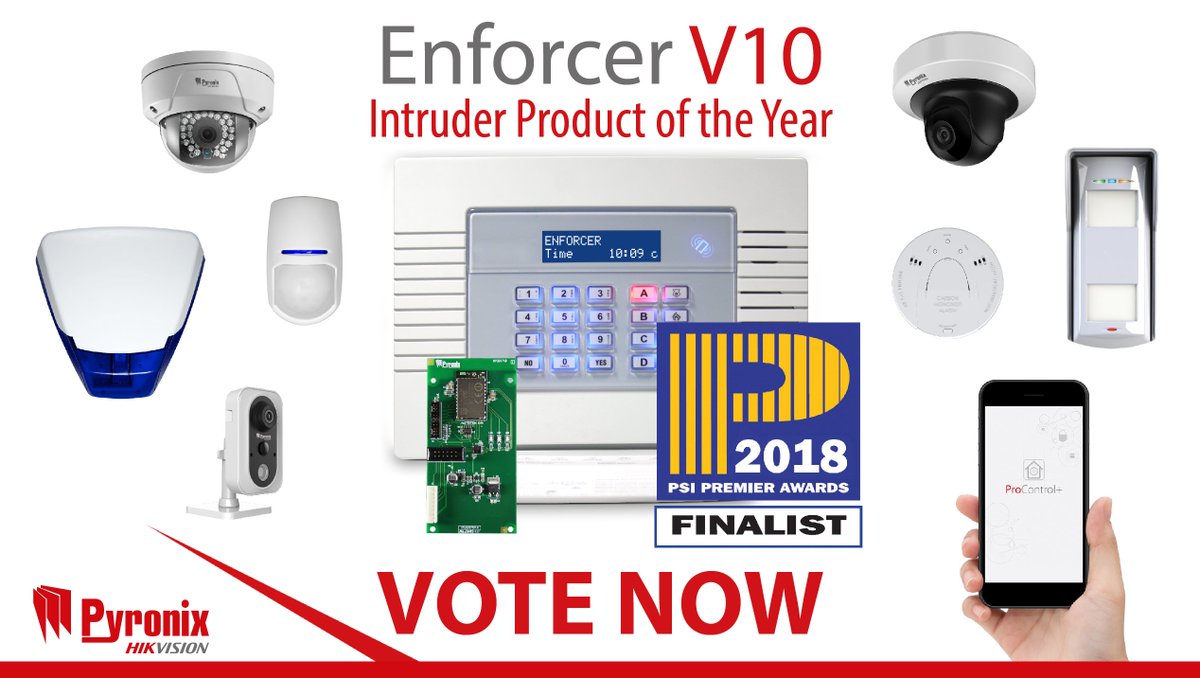 Pyronix's tweet photo. A big thank you to everyone who's voted for the #EnforcerV10 for ‘Intruder Product of the Year 2018’ at the @psimagazine #PSI Premier #Awards so far. #Voting closes tomorrow, so, if you haven't yet, make sure you have your #InstallerSay: https://t.co/Sv3wKm41To https://t.co/Erbm3Uaqz5