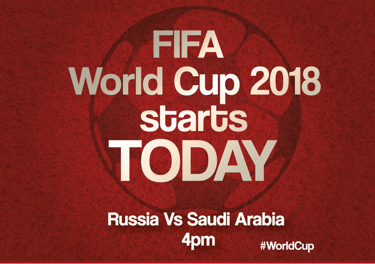 SLSFearns's tweet photo. The FIFA World Cup 2018 starts today with Russia v Saudi Arabia playing the first fixture at 4pm! With England's first fixture coming on Monday 18th June 7pm vs Tunisia! Come on England!! #ThreeLions https://t.co/rscmw9zt7c