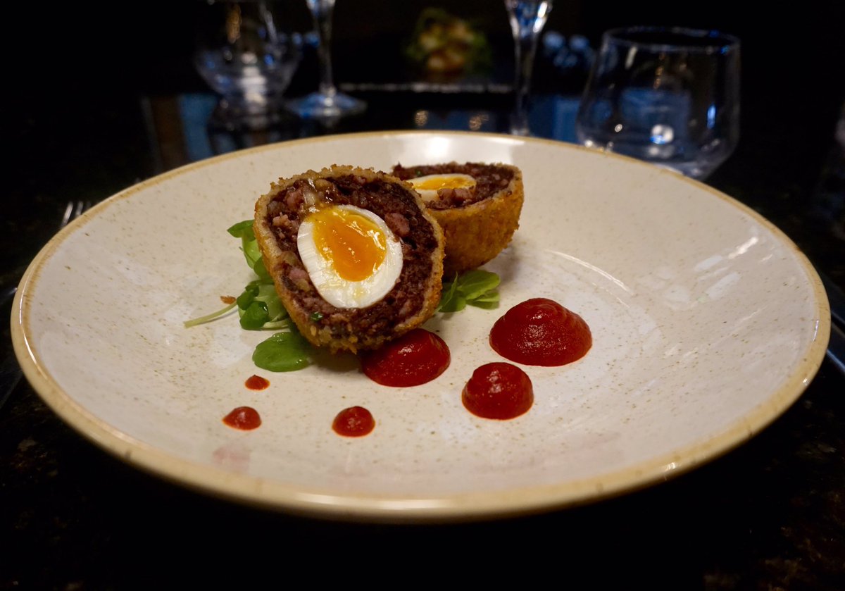 Bacon and black pudding scotch egg, watercress, red pepper ketchup 😍 #SwanStafford #WDYT #Stafford #Brasserie