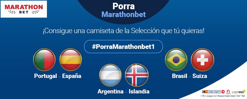 Marathonbet_es's tweet photo. 🚨Gana una camiseta de la selección que quieras con la #porramarathonbet1

✅1.Síguenos y Haz RT
✅2.Contesta al tweet con resultado y primer goleador de los tres encuentros
✅3.1 punto por acierto. 3 puntos si aciertas el partido completo

Condiciones ➡ https://t.co/YT4k8pRfoU https://t.co/Jekn9rxj6y